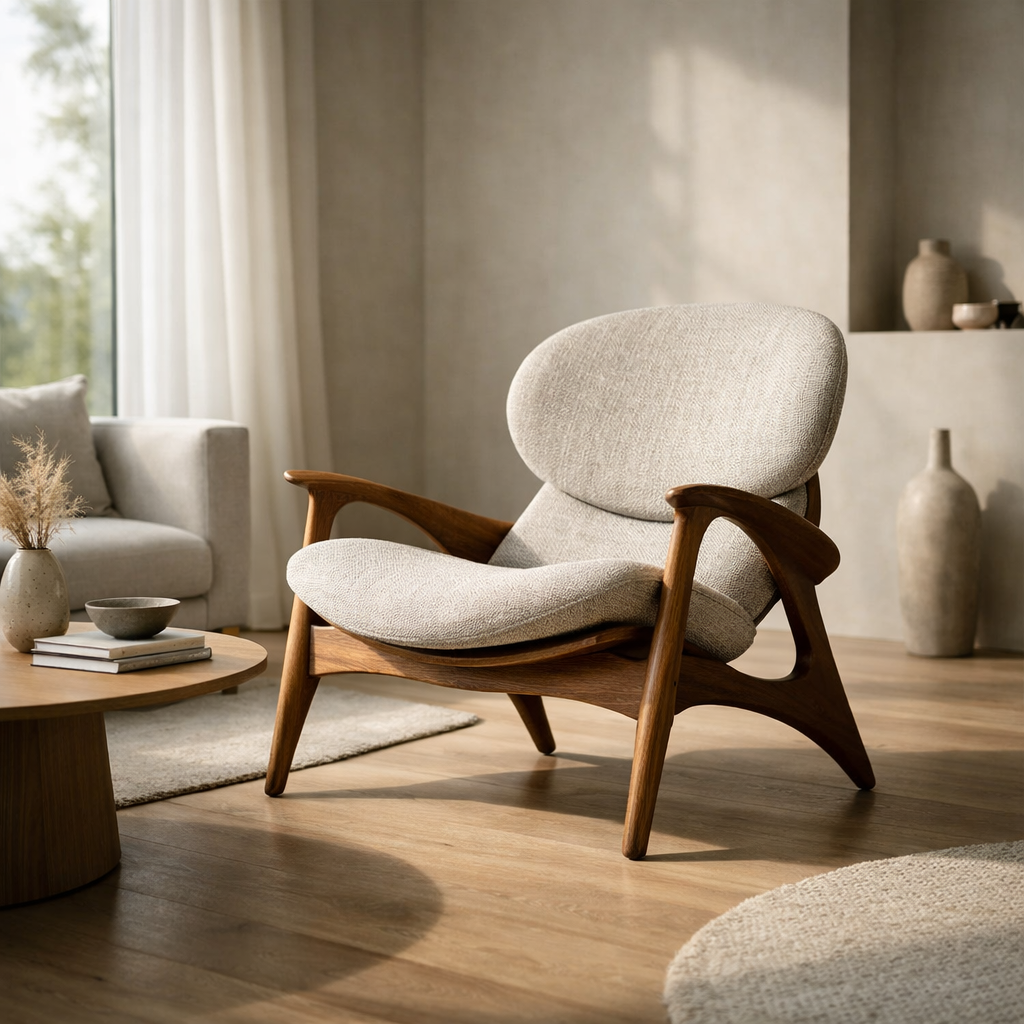 Generated image for: create an image with A modern designer chair placed in a stylish minimalist living room, soft natural light coming throu