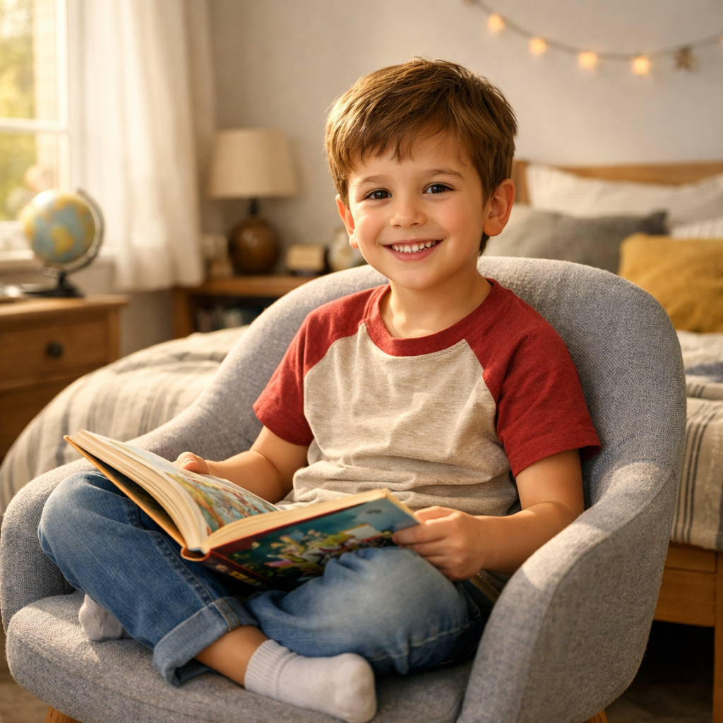 Generated image for: Please generate an image of a cheerful young boy sitting comfortably on a modern chair in a bright, cozy bedroom.

Pleas
