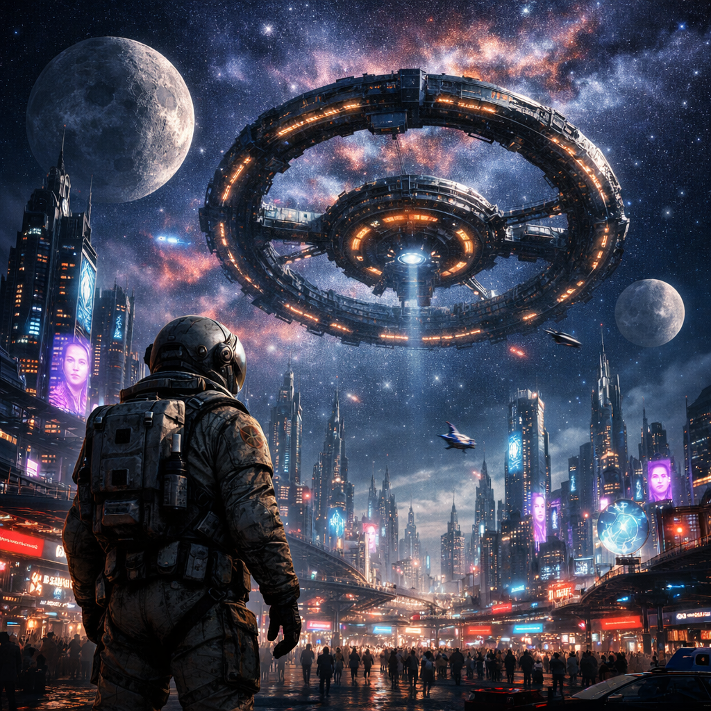 Generated image for: Generate a high-quality science-fiction image of a vast futuristic city on an alien planet at night.

Generate a high-qu