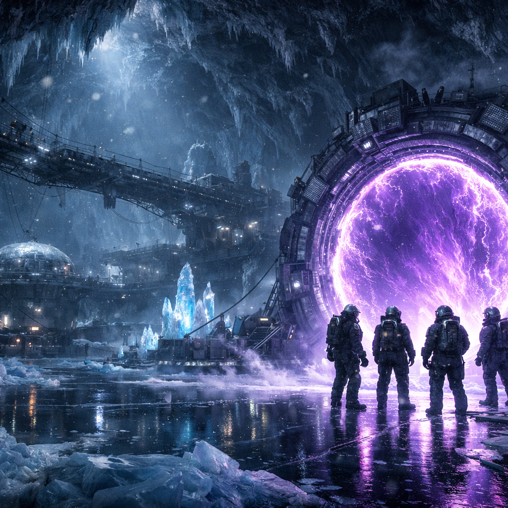 Generated image for: Generate a cinematic science-fiction image of an abandoned research station beneath the frozen surface of an alien moon.