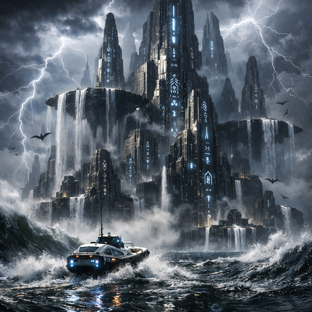 Generated image for: Generate a dramatic science-fiction image of a colossal alien structure rising from a black ocean during a violent elect