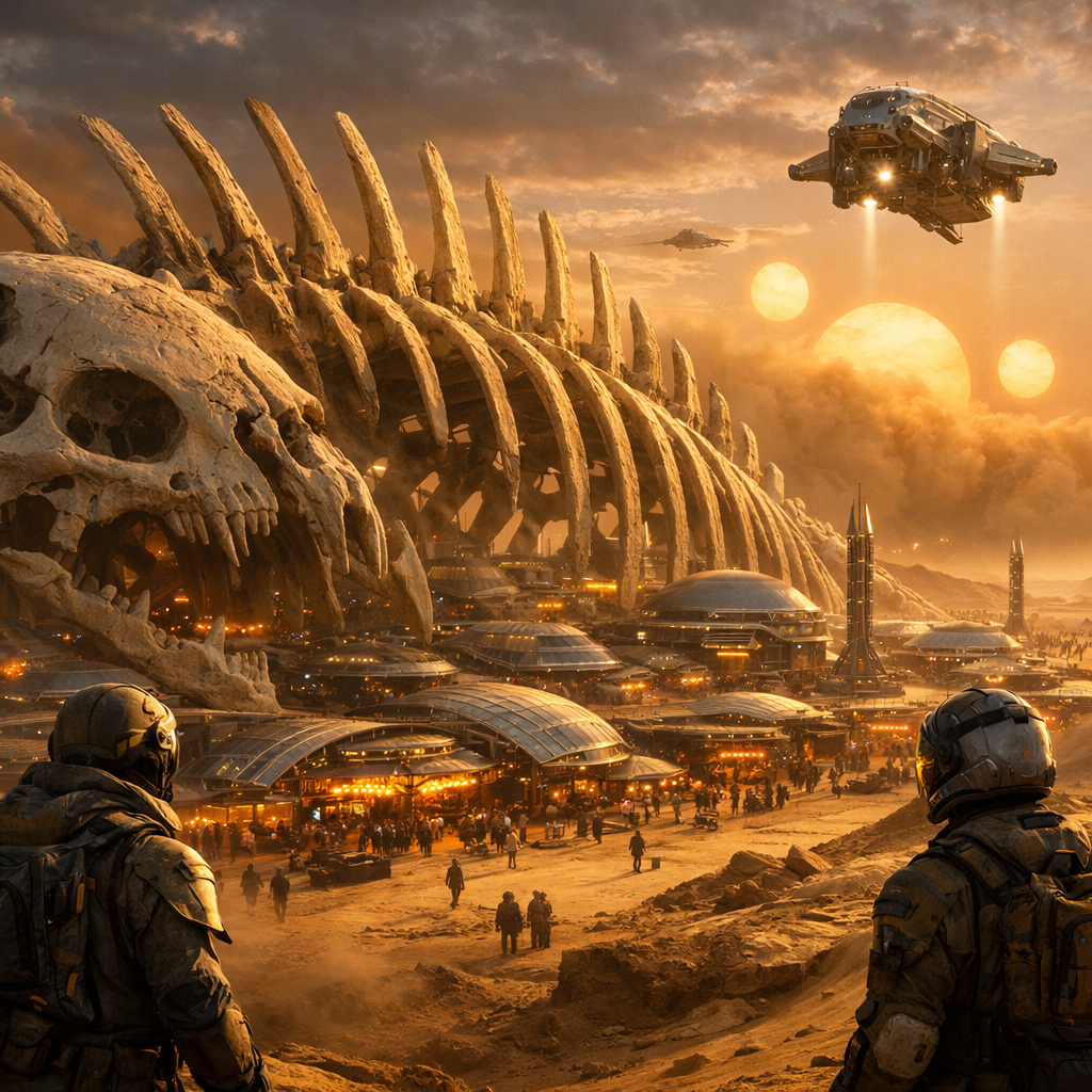 Generated image for: Generate a cinematic science-fiction image of a futuristic desert colony built around the skeleton of a gigantic ancient